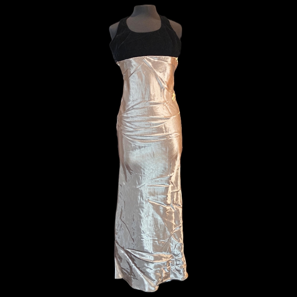 Elegant Black Velvet and Gold Satin Maxi Dress